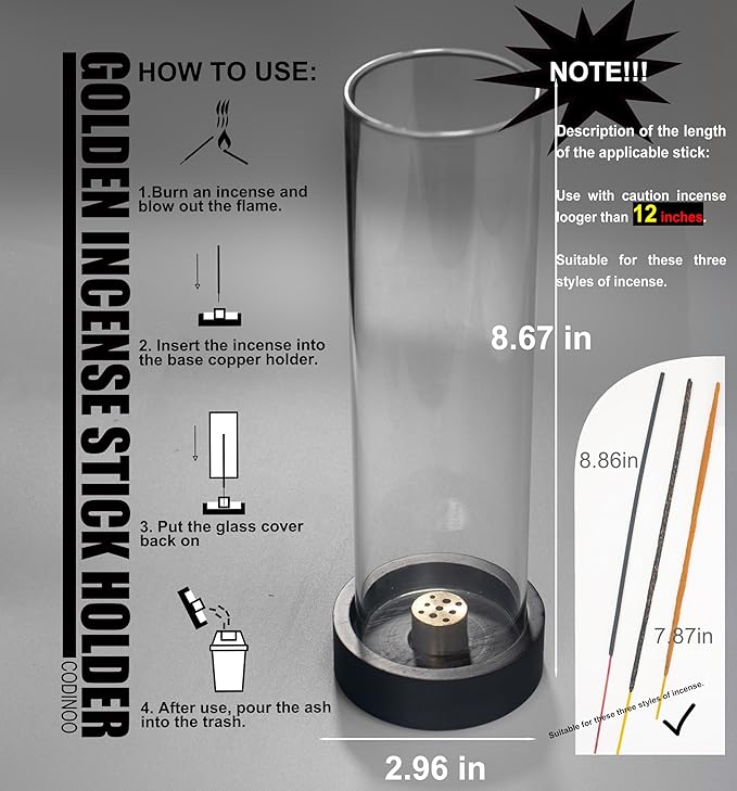 2 pcs Incense Holder for Sticks,Modern Incense Stick Holder with Glass Ash Catcher[Anti ash Flying], Incense Burner Holder,Zen Glass Incense Holder,for Spa Home Decor Yoga Meditation[Black] (2, Black)