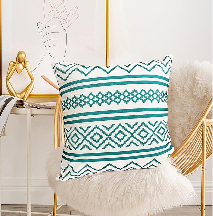 Decorative Throw Pillow Covers Set of 2 Teal Blue Boho Pillow Covers 18x18 Inch Throw Pillow Cover Linen Pillowcase Modern Farmhouse Outdoor Pillow Covers for Couch Sofa Bed Living Room