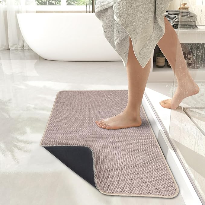 Bath Mat,Ultra Thin Bathroom Runner Rugs,Large Bath Mats for Bathroom,Quick Dry,Non-Slip,Machine Washable,Low Pile,Bath Rug,Shower Outside,Sink,Home Decor Accessories.Beige,3'x5'(36x60inch)