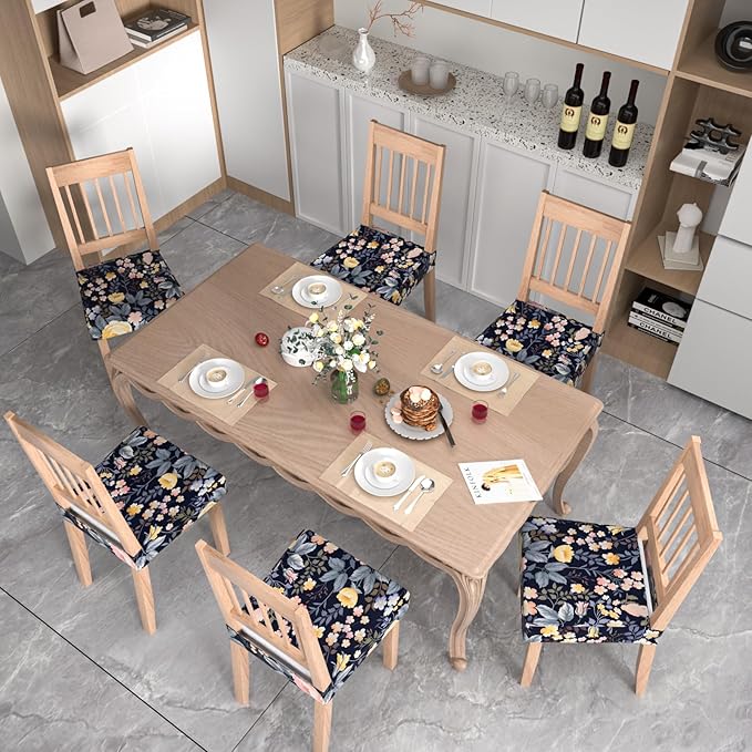 Stretch Dining Chair Seat Covers Set of 6,Dining Chair Slipcovers, Floral Printed Chair Covers,Soft Fabric Washable Upholstered Chair Seat Protector, No Rear Covers for Home Kitchen Dining Room