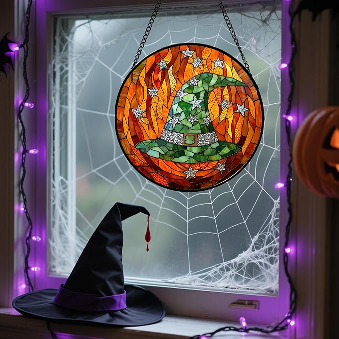 Stained Glass Window Hanging - Halloween Decorations Witch Hat Suncatcher for Doors Garden Indoor Spooky Funny Green Sun Catchers Gothic Decor Horror Gifts for Women Men Friend 11.8 in