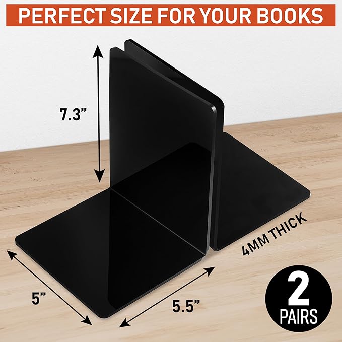 Acrylic Bookends, 2 Pairs of Black Invisible Ends for Shelves, 4mm Heavy-Duty Non-Skid Holders for DVDs, CDs, Video Games, and Books. Stoppers for Home, Office, or Library Organization (Black)