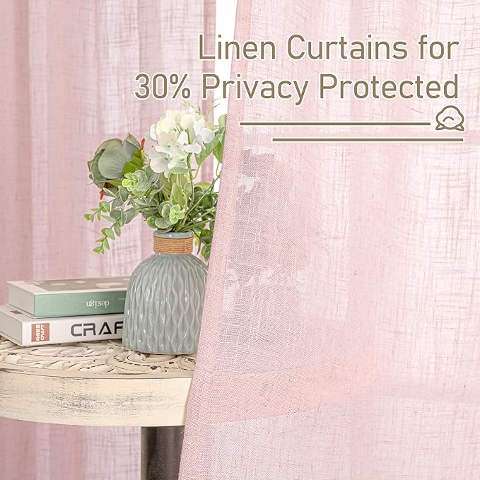 LAMIT 54 Inch Semi Sheer Window Linen Curtains, Light Filtering Panels Back Tab and Rod Pocket Country Decor Drapes for Bedroom/Girl'Room, Pink, 2 Panels, 34 x 54 Inch