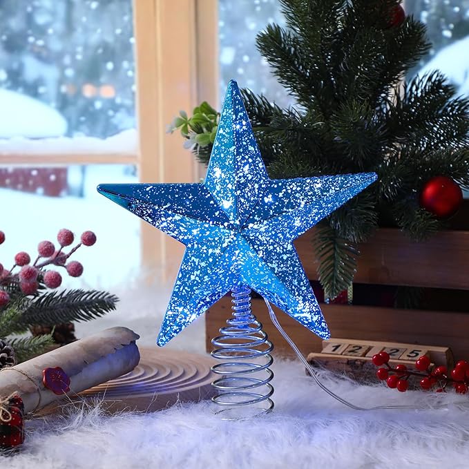 Blue Christmas Tree Star Topper with Lights, 8.5-Inch Light-Up Christmas Tree Topper with Remote Control, 4 Brightness Levels & 8 Light Modes, Faux Mercury Glitter Design with 20 Lights