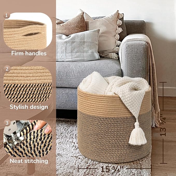 Goodpick Large Cotton Rope Basket 15.8"x15.8"x13.8" Wicker Basket for Blankets, Toy Storage for Living Room, Jute