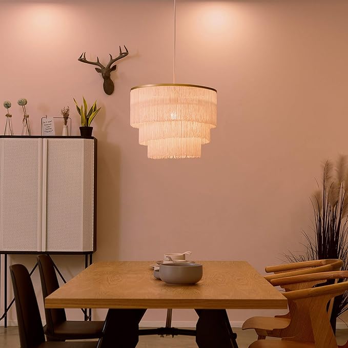GLOBE Electric x Novogratz 61093 1-Light Pendant Light Fixture, Matte Gold, White Fabric Fringe Shade, Living Room Pendant Light, Dining Room Fixture, Hanging Lights for Bedroom, Hygge Lighting