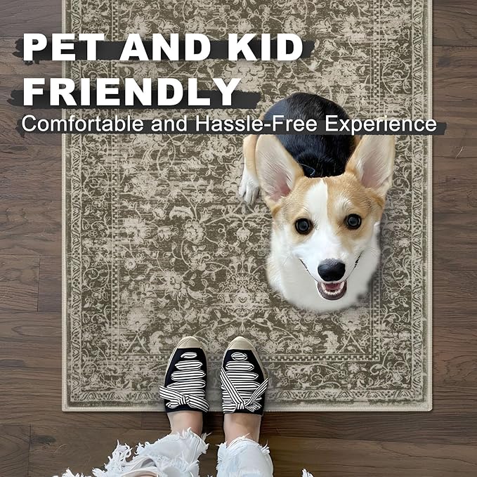 KILOCOCO Hallway Runner 2x6 Rug Runner Printed Vintage Floral Washable Kitchen Runners Non-Slip Rubber Backed Runners for Hallways Laundry Room Distressed Boho Rugs for Entryway Bedroom, Taupe/Green
