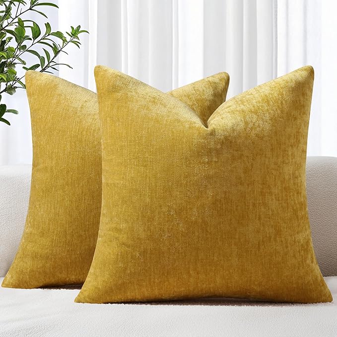 decorUhome Chenille Mineral Yellow Christmas Throw Pillow Covers 22x22 Inch Set of 2, Decorative Soft Couch Pillow Covers Solid Dyed Accent Farmhouse Neutral Square Pillow Cases for Sofa