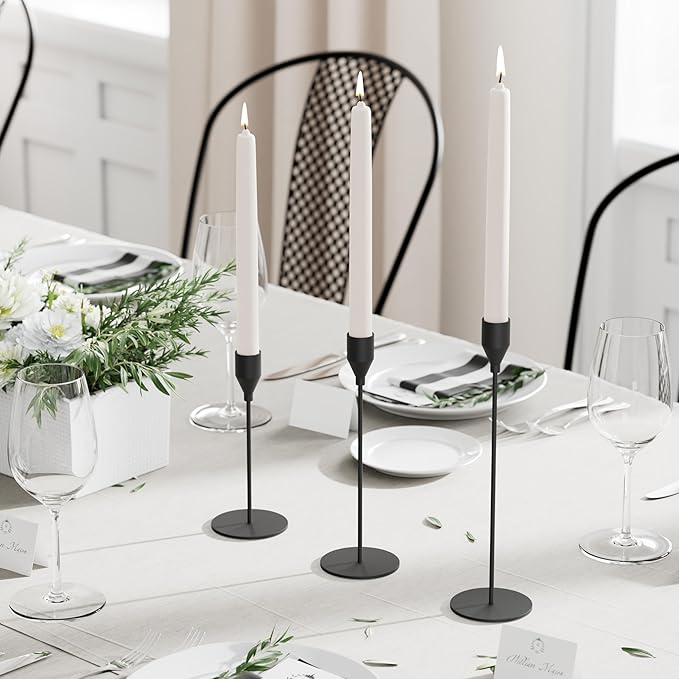 Matte Black Taper Candle Holders, Set of 3 Metal Candlestick Holders for Candle Sticks Holder Decor, Ideal for Mantle Table Centerpiece, Weddings, Dining, Housewarming Gift & Anniversaries