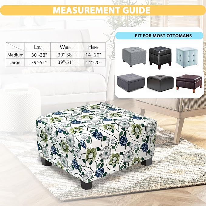 Ottoman Cover Square Slipcovers Printed,Stretch Footrest Stool Cover for Ottoman Square,Soft Foot Stool Cover Protector with Nonslip Elastic Bottom (Medium,Flower C)