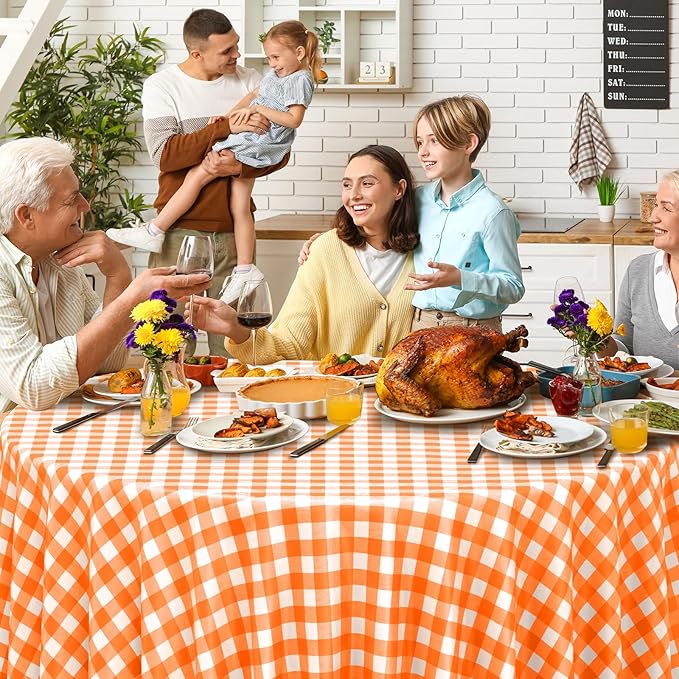 3 Pcs Orange and White Gingham Tablecloth Decorations, Disposable Round Orange Checkered Tablecloth Buffalo Plaid Table Cover for Thanksgiving Day Wedding Birthday Party Supplies,84 x 84 Inch