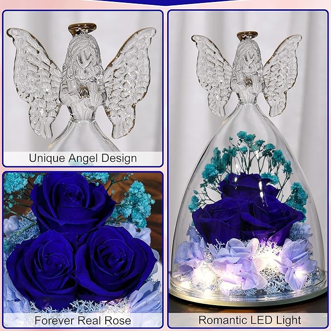Christmas Rose Gifts for Women Preserved Real Flower in Glass Angel Figurines Roses for Delivery Prime Birthday Gifts for Mom Grandma Girlfriend Wife Her, Dark Blue