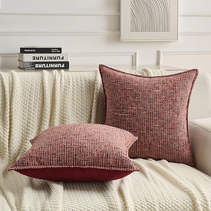 FUTEI Burgundy Decorative Throw Pillow Covers 12x20 Inch Set of 2,Soft Chenille Tweed Textured Lumbar Pillow Case,Modern Home Decor for Couch Bed Living Room