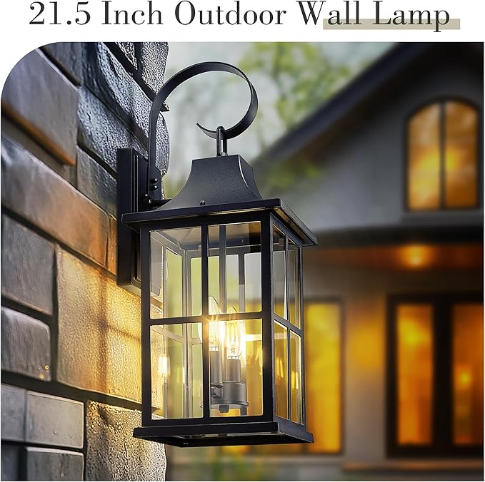 Emliviar 21.5" Large Wall Mounted Light Fixture, Classic Black Exterior Light Fixture 2-Light with E12 Base, Porch Lighting with Clear Glass Shade, YXE306B-M BK