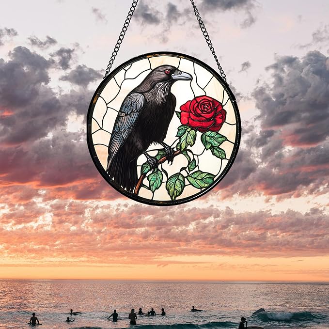 Stained Glass Window Hanging - Black Crow Red Rose Suncatcher for Doors Garden Patio Bird Sun Catchers Decor Christmas Mother's Day Birthday Gifts for Women Men Mom Nana Friend 9.8 in