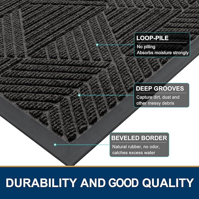 Smiry Front Door Mat Outside Entrance, Heavy Duty Sturdy Natural Rubber Doormat, Trap Dirt and Moisture, Easy Clean Low Profile Welcome Floor Mats for Indoor Outdoor Entry, 35X23 Inch, Charcoal
