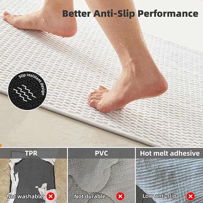 Bathroom Runner Rugs, Long Bath Mat Runner Washable Thin Quick Dry Low Pile Bathroom Runner Rugs Non Slip, White 16"x60"
