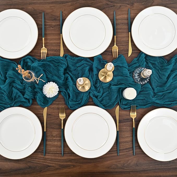 12 Pack Teal Table Runner,Cheesecloth Table Runner,Romantic Sheer Table Runner,10FT Gauze Boho Table Runner,Rustic Cheese Cloth Table Runner for Wedding Party Bridal Shower Table