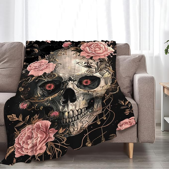 Tijuboni Skull Roses Throw Blanket Skull Gifts for Girls Boys Women Men Kids Adults Soft Flannel Fleece Blanket for Couch Sofa Bed Home Decor 60"x80"