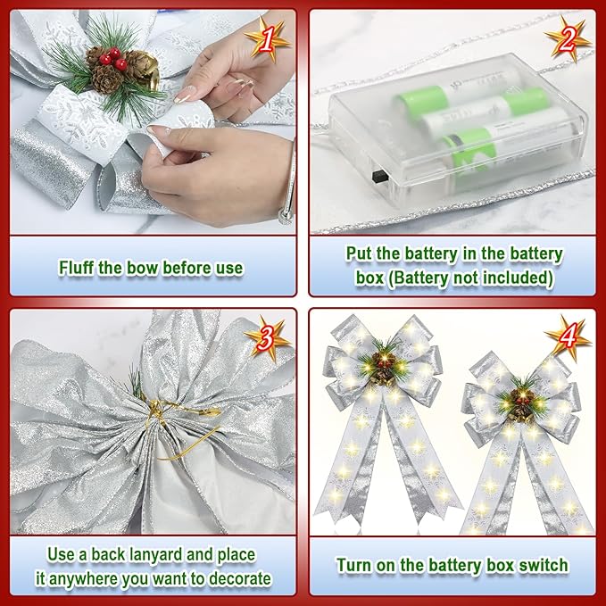 2 Pcs Pre-Light Christmas Decorative Bows for Wreath, 20 X 12” Large Christmas Tree Topper Bow with Bells, Berry, Pine Cones, 40 LED Silver Snowflake Ornament Bow for Indoor/Outdoor- White