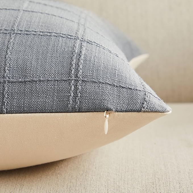 ZeeMart Linen Checked Throw Pillow Covers Set of 2, 18x18 Inch Blue Ashes/Cream, Farmhouse Decorative Single Sided Grid Embroidered Couch Pillow Cases Blue Grey Cotton Linen Cushion Covers