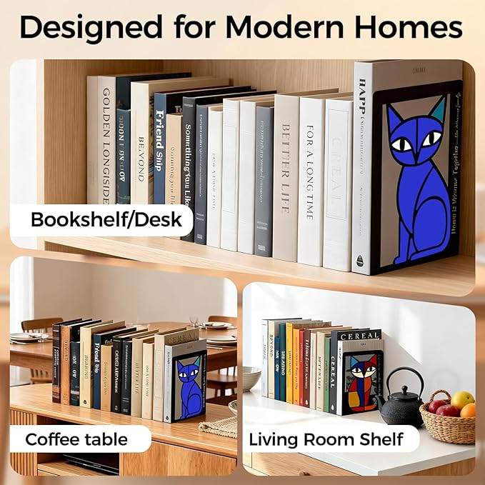 Metal Cat Bookends Set of 2 – Decorative Cat Metal Book Ends for Shelves, The Mewsons Family Collection, Modern Cat Bookends for Living Room, Office & Bedroom