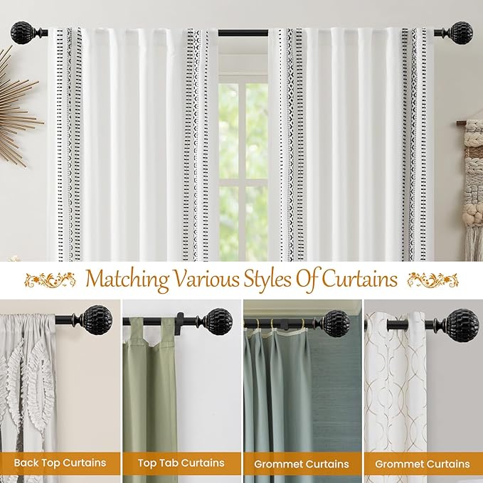 Matte Black Curtain Rod for Windows 48 to 84 inch, 1-inch Heavy-Duty Adjustable Curtain Rod with Decorative Pinecone finials for Farmhouse Living room, Bedroom, Dining room