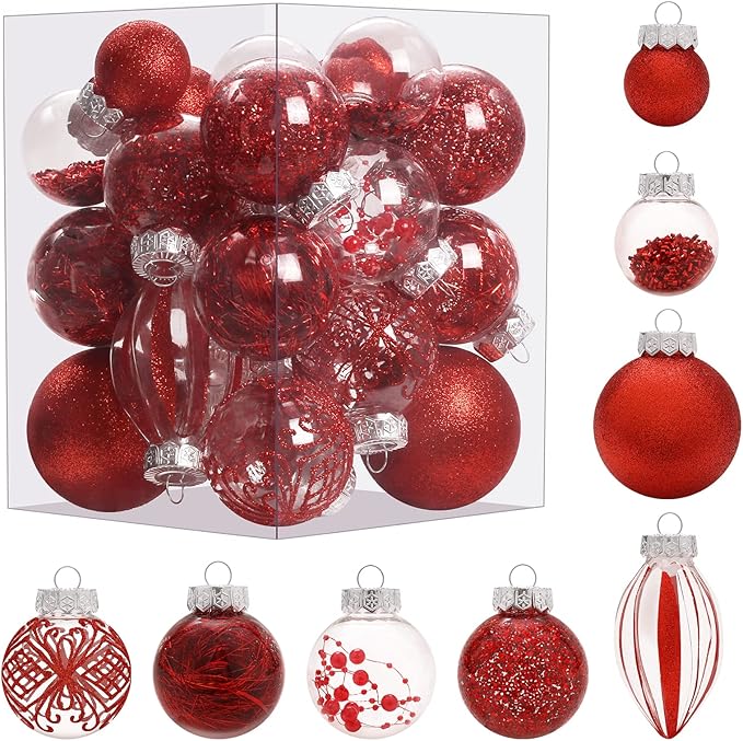 Christmas Ornaments Set, 32Pcs Clear Plastic Shatterproof Christmas Ball Hanging Ornaments for Xmas Tree Decorations, for Indoor Home Thanksgiving Party Holiday Decor - Red.