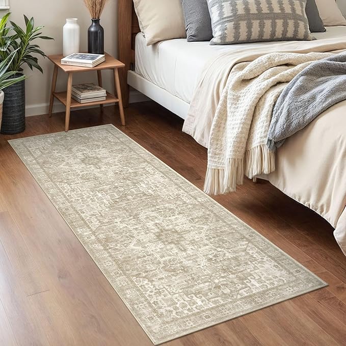 2x5 Runner Rug for Hallways, Light Beige Grey Brown Non-Slip Printed Washable Kitchen Runners, Vintage Boho Rugs with Non-Shedding, Soft Medallion Floor Carpet for Laundry Bedroom Entryway