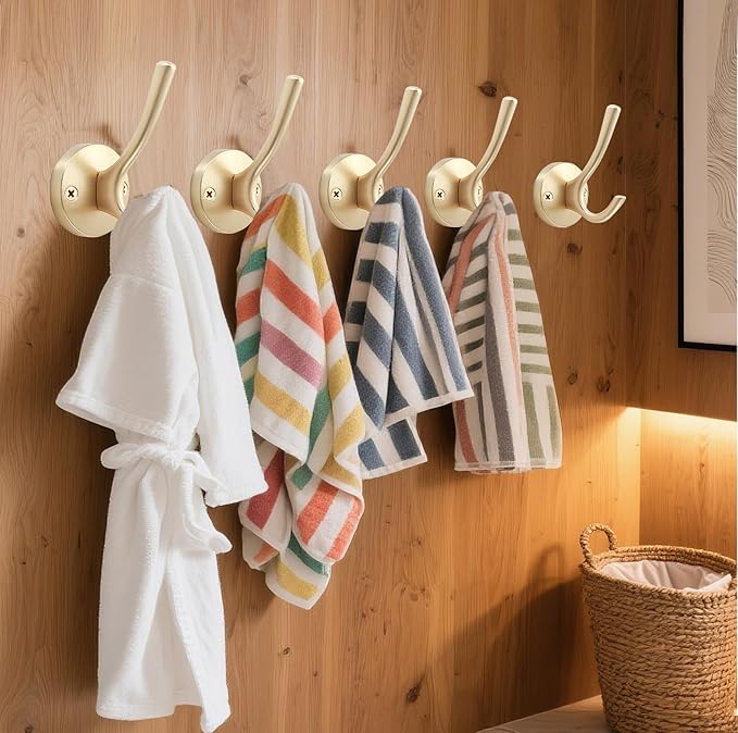 Gold Wall Hooks, 6 Pack Coat Robe Hook Heavy Duty Metal Double Bath Hook Wall Mounted, Hand Towel Hooks for Cubicle Bathroom Kitchen Closet Garage