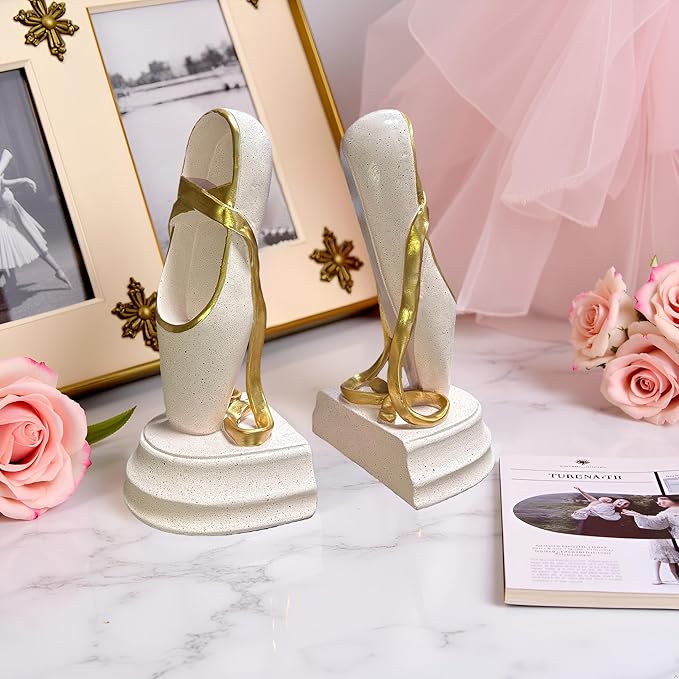 Ballet Shoes Bookends Set of 2 – Pink Resin Book Stoppers with Golden Ribbons, Elegant Decorative Book Ends for Girls’ Room, Bookshelf, and Office Decor