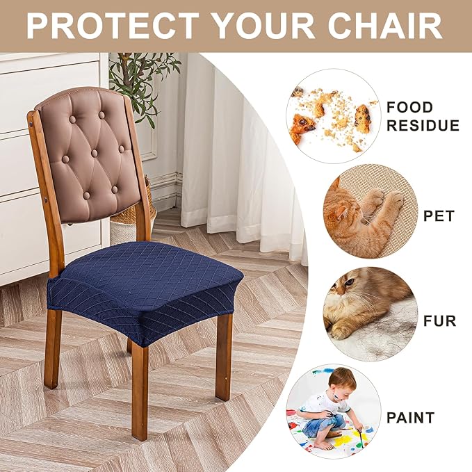 Genina Waterproof Seat Covers for Dining Room Chairs Covers Dining Chair Slipcovers Protector, No Rear Covers (Navy Blue, 4 Pcs)