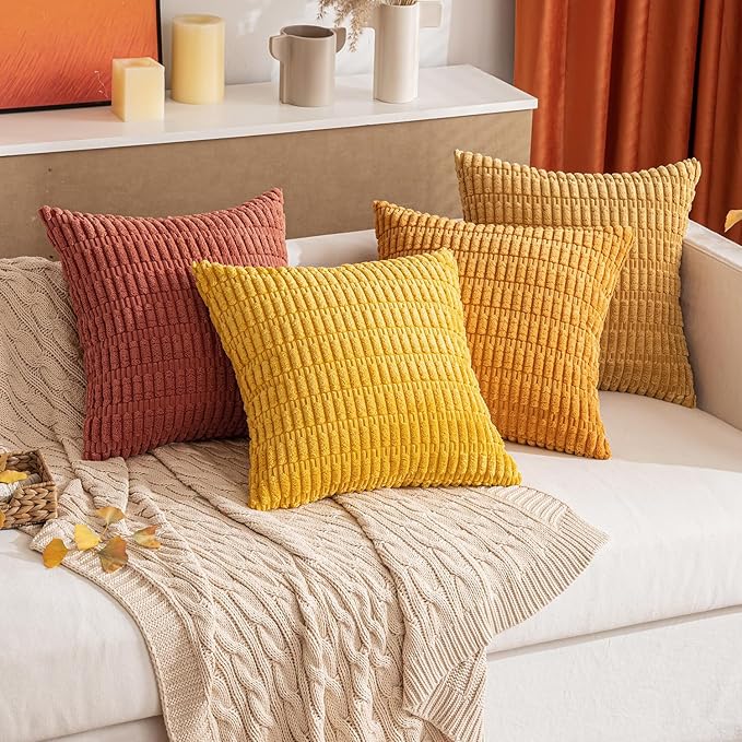 MIULEE Pack of 4 Fall Boho Farmhouse Orange Yellow Corduroy Decorative Throw Pillow Covers 20x20 Inch Soft Striped Pillow Covers Modern Rustic Home Decor for Sofa Living Room Couch Bed