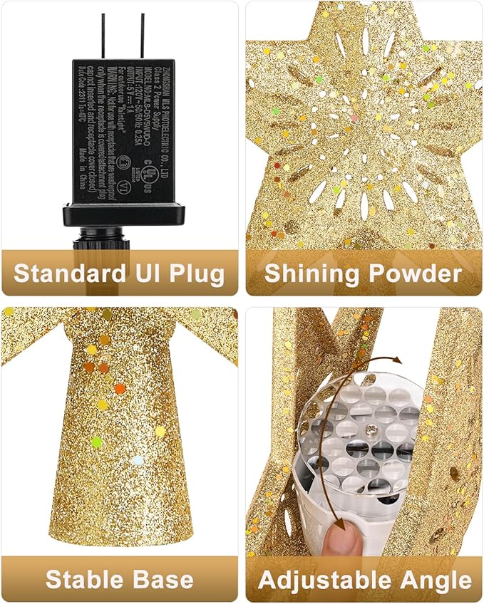 Christmas Tree Topper Star Lighted with Warm Christmas Light Cord, Built-in 6 Projected Patterns, 3D Glitter LED Rotating Lights for Party Holiday Xmas Decorations Gifts (Glod)