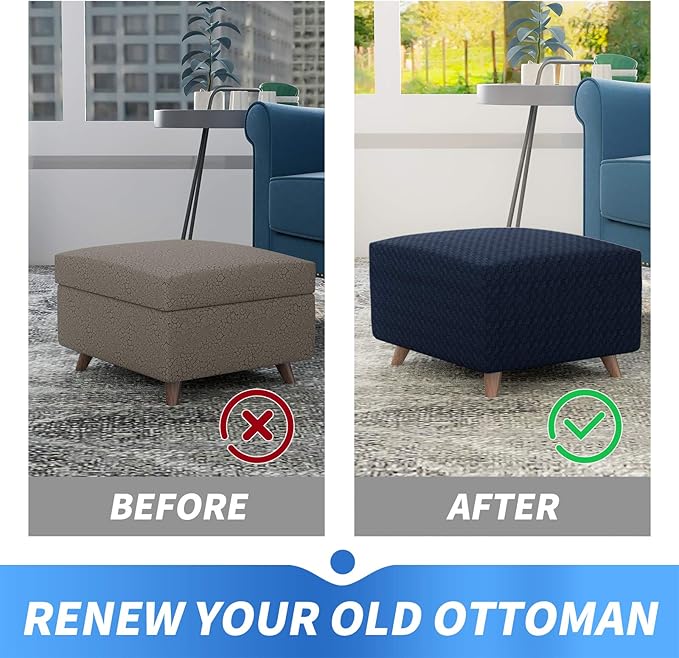 MAXIJIN Jacquard Ottoman Cover Slipcovers Folding Storage Stool Furniture Protector Cover Soft Thick Rectangle Foot Rest Slipcover with Elastic Bottom (Ottoman Large, Navy Blue)