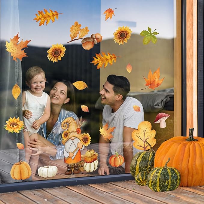 Cinrobiye 150 Pcs Fall Window Clings，Thanksgiving Window Stickers Pumpkin Maple Leaf Window Art Seasons Decals for Autumn School Home Office Accessories Toddler Party Supplies Gifts, 9 Sheets (Fall)