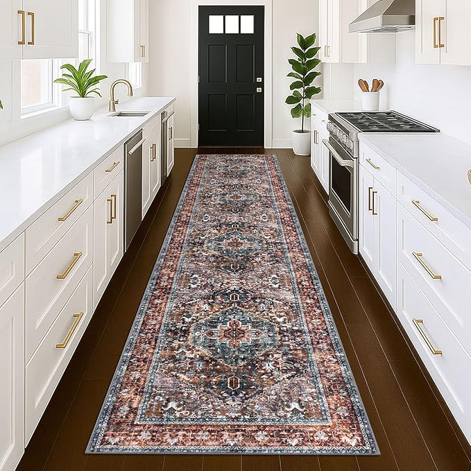 KOZYFLY Area Rug 3x12 Ft Washable Boho Runner Rug for Entryway Hallway Indoor Printed Faux Wool Carpet for Bedroom Kitchen Hall, Brick Red/Orange/Green
