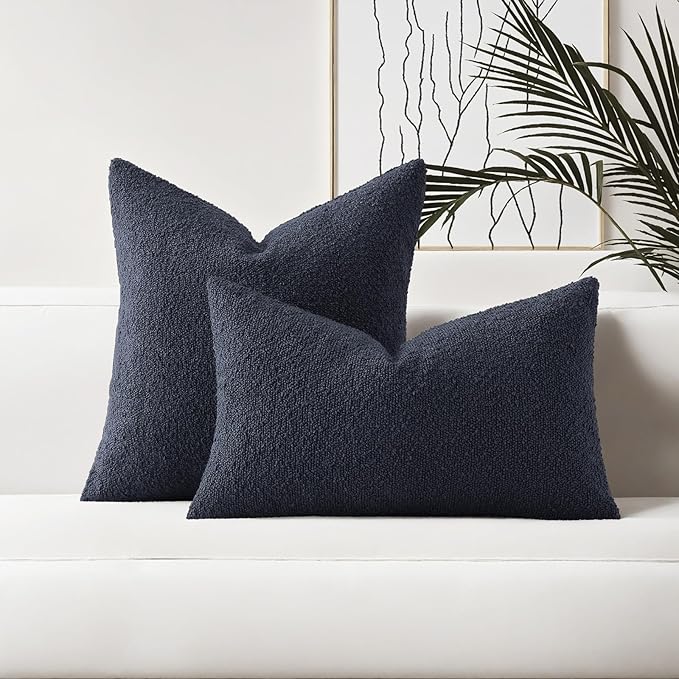 HAUSSY Set of 2 24x24 Decorative Throw Pillow Covers, Soft Cozy European Pillow Shams Textured Boucle, Home Decor for Couch Bed Living Room, Navy Blue