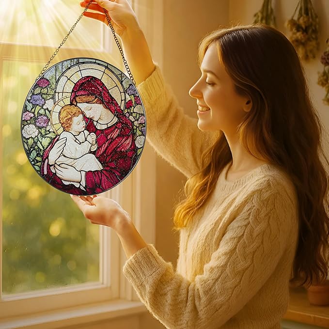 8 Inches Virgin Mary Stained Glass Suncatcher, Stained Glass Window Hanging, Christian Window Decor, Religious Christmas Ornament, Christian Gift, Religious Gift, Gifts for Christmas