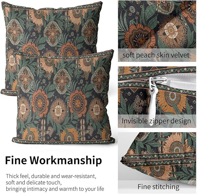 Floral Throw Pillow Covers 18x18 Inch Boho Rustic Botanical Throw Pillow Covers for Couch Vintage Moody Sunflowers Decorative Pillowcases Dark Vintage Farmhouse Sofa Cushion Cover Sets of 2