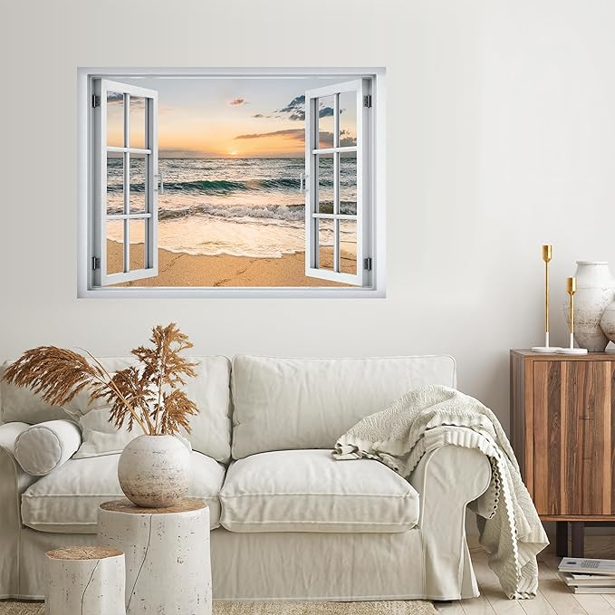 SIGNWIN Removable Wall Sticker/Wall Mural Window Golden Hour Over Waves and Sandy Shore Photography Realism Decorative Landscape Digital Art for Living Room, Bedroom, Office - 36"x48"