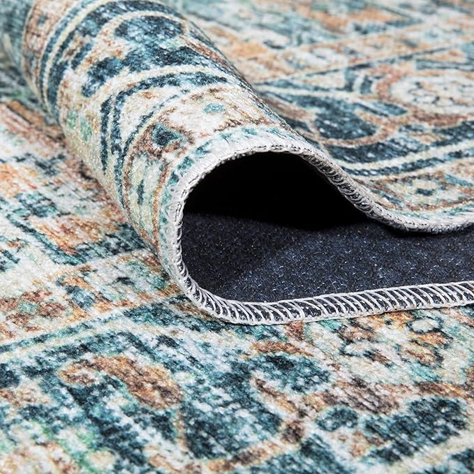 Bloom Rugs Caria Washable Non-Slip 10 ft Runner - Blue Green/Tangerine Traditional Runner for Entryway, Hallway, Bathroom, and Kitchen - Exact Size: 2'6" x 10'