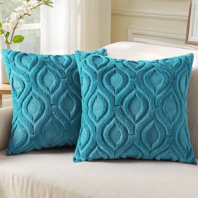 decorUhome Throw Pillow Covers 22x22 Inch Set of 2, Soft Plush Faux Wool Teal Solid Couch Pillow Covers, Accent Farmhouse Neutral Square Pillow Cases for Sofa Bed Living Room
