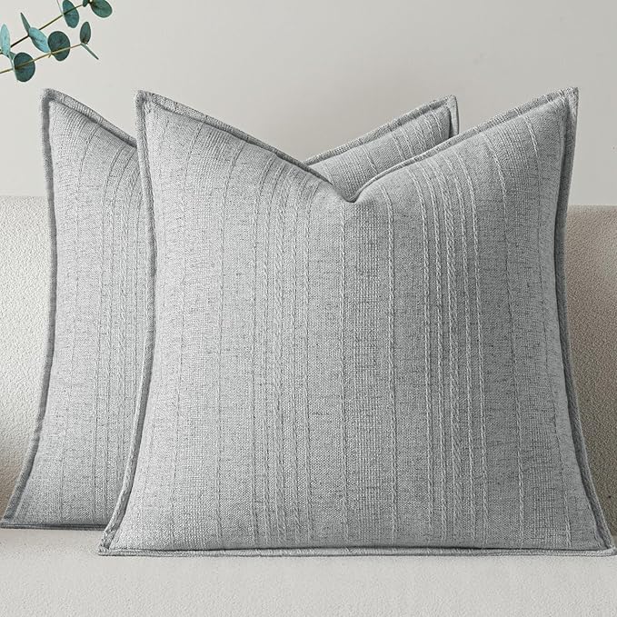 a moment Linen Pillow Covers Set of 2,Boho Farmhouse Throw Pillowcases Neutral Textured Decorative Covers for Couch Sofa,Soft Linen Blend Accent Case Cushion Living Room Home Decor 22"x22"Sky Gray
