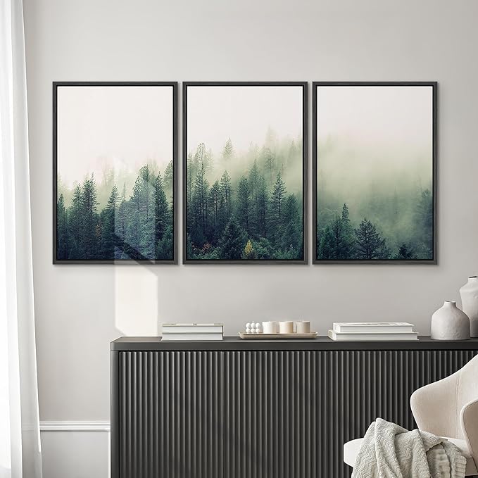SIGNWIN 3 Piece Framed Canvas Wall Art Green Foggy Mountains Nature Wilderness Photography Abstract Aerial Canvas Prints Home Artwork Decoration for Living Room,Bedroom - 16"x24"x3 Panels