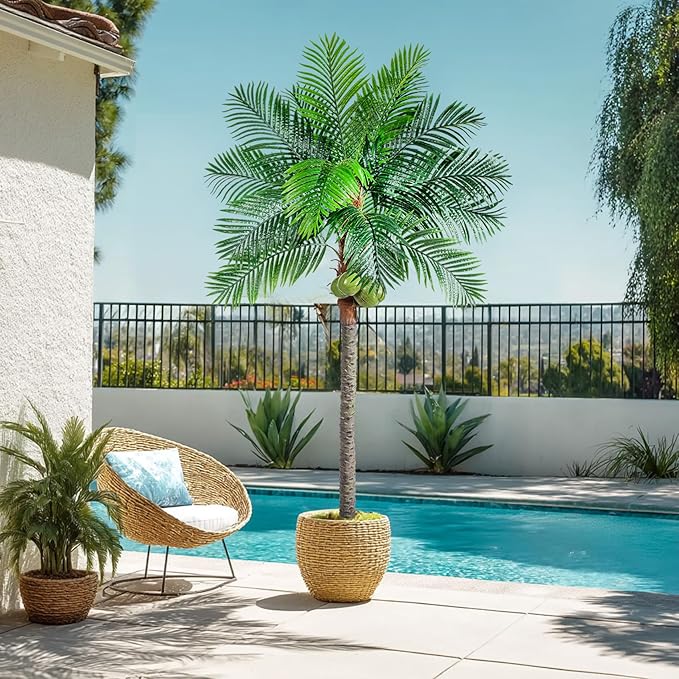 Artificial Phoenix Palm Tree 8.2ft Tall - Fake Large Tropical Tree with Adjustable Leaves, Realistic Faux Sago Palm for Indoor Outdoor Decor, Patio, Poolside, Yard, Living Room, Office