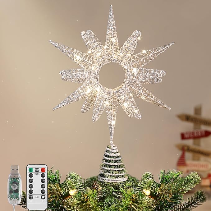 Lewondr Christmas Tree Topper, 14.17'' Metal Xmas Star Tree Topper with 30 LED Bulbs, USB Remote Control Glittered Sunflower Treetop, 6H Timer, 8 Light Modes Christmas Decorations for Home, Silver