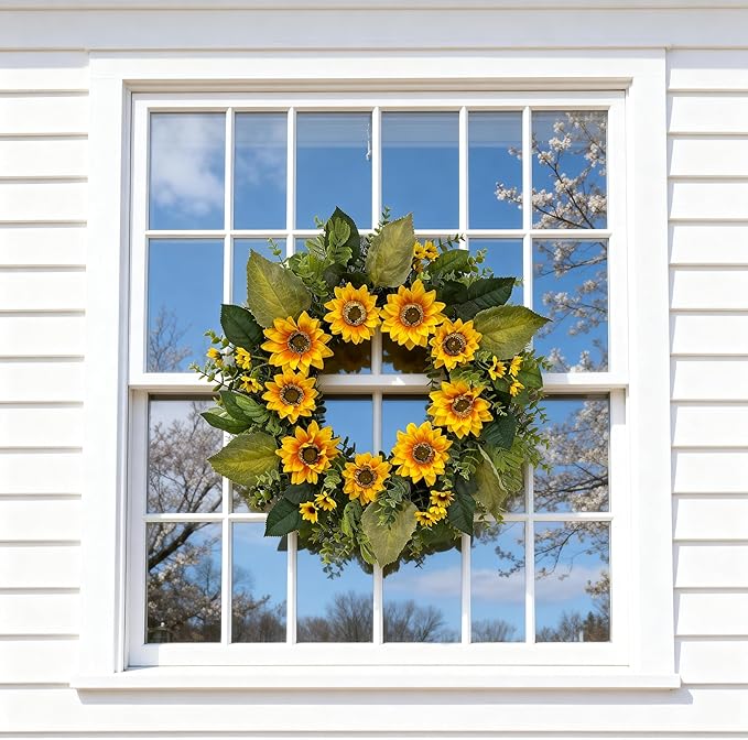 24 Inch Sunflower Wreath for Front Door – Artificial Spring Summer Wreath with Greenery, Ferns & Boxwood Leaves – Bright Yellow Floral Farmhouse Door Decor for Home Porch Wall Indoor Outdoor