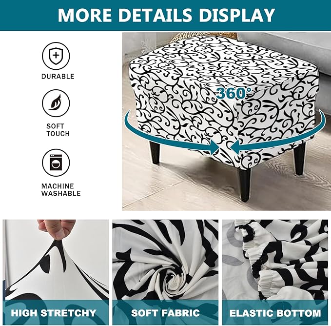 KRFOONN Stretch Ottoman Cover Slipcovers Rectangle Fit Length 55"-63" Footrest Stool Covers Printed Ottoman Cover for Foot Stool Furniture Protector with Non Slip Elastic Bottom, Color 09