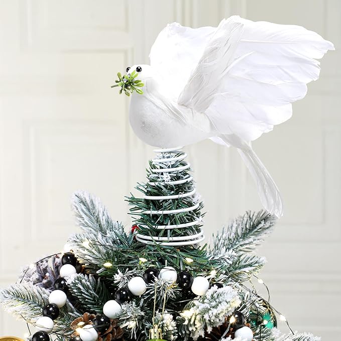 Retisee 9 Inch Dove Olive Christmas Tree Topper White Bird Christmas Tree Decoration Peaceful Flying Dove Ornaments Artificial Feather Flocked for Hanging Wedding Party Decor